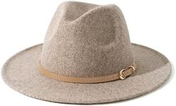 Lisianthus Women Wool Wide Brim Belt Buckle Fedora Hat Q Beige Belt-Oatmeal