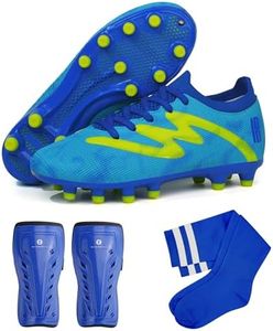 brooman Kids Firm Ground Soccer Cleats Boys Girls Football Shoes with Shin Guards and Soccer Socks (4,Blue)