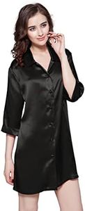 LilySilk Silk Nightgown for Women Mulberry Silk Button-Down Shirt Dress for Spring and Summer with 3/4 Sleeves & Banded Cuffs for Sleeping and Lounging, Black L