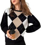 Women/Teen Girls Trendy Argyle Plaid/Heart Knitted Sweater Pullover Long Sleeve Soft Stretchy Winter Valentine, Khaki, Medium