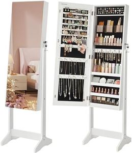 SONGMICS Jewelry Cabinet Armoire, Freestanding Lockable Storage Organizer Unit with 2 Plastic Cosmetic Storage, Full-Length Frameless Mirror, for Necklace Earring, White UJJC002W01
