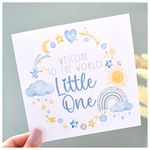 New Baby Boy Card. New Mummy Daddy Congratulations. Welcome to World Card. Watercolour Blue Yellow Grey Cloud Star Rainbow. Square Modern Greeting Card