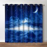 Jekeno Star Night Blackout Curtains - Night Sky Drapes with Moon Stars Cloud Theme Print Decor Home Bedroom Living Room Darkening Grommet Window Treatments 2 Panel Set, Blue 42"x63"