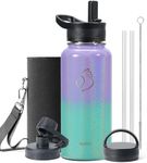 BUZIO 32 oz Water Bottle Insulated with Straw & 3 lid and Carrying Pouch, Leak Proof Anti-Slip Stainless Steel Water Flask Jug, Cold for 48 Hrs Double Vacuum Thermo Canteen, BPA-Free, Caribbean Blue