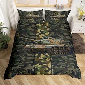 Tank Duvet Cover Set Full Size,Soldier Dirt Bike Camo Pattern Bedding Set 3pcs for Teens Boys Adults Room Decor,Army Strength Comforter Cover Retro Soft Quilt Cover with 2 Pillowcases,Green