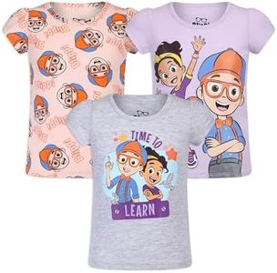 Blippi and Meekah Girls 3 Pack Short Sleeve T-Shirts for Toddlers and Little Kids, Purple/Pink/White, 4