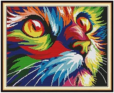 Cross Stitch Embroidery Kits for Adults Kids, WOWDECOR Animals Funny 11CT Stamped DIY DMC Needlework Easy Beginners (Colorful Cat)