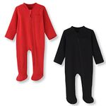 BINIDUCKLING Baby Boys Girls Double Zip Up Sleepsuit - Two-Way Zipper, Baby Footed Pajamas with Mitten Cuffs - Cotton Long Sleeve Onesie for Baby Grows 6-9 Month, Red and Black