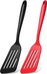 P Plus Fire Silicone Slotted Fish Turner Spatula Non-Stick Slotted Spatula with Stainless Steel Core Heat Resistant Kitchen Fish Spatula 34 CM(Set of 2, Black+Red)