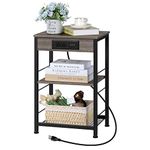 Grey Nightstand End Table with Charging Station 3 Tier Side Table with USB Ports and Storage Shelf Bedside Charging Table Night Stand for Bedroom Living Room Guest Room Home, Rustic Grey