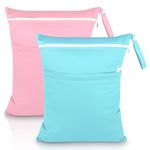 SLETIE 2 Packs Wet Bag, Waterproof Wet Dry Bags, Reusable Washable Cloth Diaper Bags, Nappy Bags with Double Zipper Pockets for Baby Items Swimming Camping Travel Beach Pool Bag (Pink+Blue)