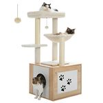 PAWZ Road Cat Tree with Litter Box Enclosure, 46" Modern Cat Tower Wood with Super Large[Dia 15.7"] Hammock, Cat Condo with Cat Scratching Posts, Big Removable Top Perch & Dangling Ball, Wood Beige