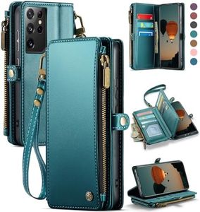 Defencase Compatible with Samsung Galaxy S21 Ultra Case Wallet with RFID Blocking Card Holder for Women Men, PU Leather Magnetic Snap Flip Zipper Strap Wallet Case Fit for Galaxy S21 Ultra 5G, Green
