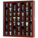 41 Shot Glass Display Case Cabinet Holder Rack, Cherry Finish