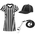 Women's Referee Bundle Include V Neck Officials Black and White Striped Jersey Shirt Umpire Hat, Stainless Steel Pea Whistle(Medium)