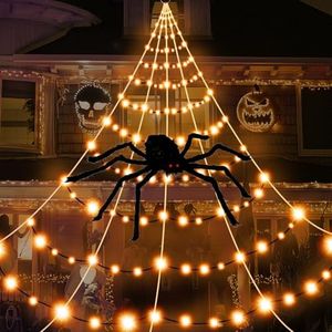 PUHONG Halloween Decorations, 19.6 Ft Giant Spider Web Lights with 250 LEDs, Outdoor Waterproof Halloween Lights, 8 Modes Spider Web with LED Lights for Yard Home Parties Haunted House Decoration