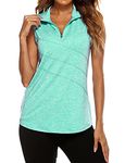 Tanst Sky Women's Workout Tops, Sleeveless Muscle Tank for Women Moisture Wicking Quarter Zip Collared Athletic Shirts Ladies Running Pickleball Tennis Golf Yoga Quick Dry Activewear Green Large