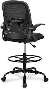 Primy Drafting Chair Tall Office Chair with Flip-up Armrests Executive Ergonomic Computer Standing Desk Chair with Lumbar Support and Adjustable Footrest Ring (Black)