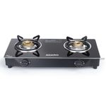 AGARO Elite 2 Burners Gas Stove, Toughened Glass Top, Round Brass Burners, 1 Small & 1 Medium Size Burner, Spill Proof Fixed Drip Tray, Manual Ignition, Kitchen Use, Regular Cooking Use, Black