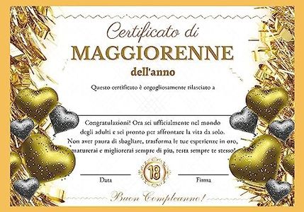 Certificato di Maggiorenne dell'anno, Idea Regalo Originale Compleanno 18 Anni, Biglietto Auguri Ragazzo Attestato Diploma Personalizzato, Include A4 Busta con Glitter Dorati