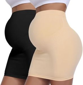 Arearief Women's Maternity Pencil Skirt Over Belly, High Waisted Solid Stretchy Pregnancy Shapewear Dress Bump Support 2-Pack