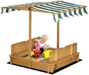 Outsunny Kids Wooden Sand Pit with Lids Children Sandbox Height Adjustable Canopy for Garden, Convertible Bench Seat Outdoor Backyard Playset, Green and White Canopy