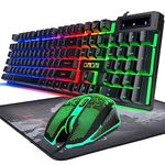 Gaming LED Wired Keyboard and Mouse Combo with Emitting Character 4800DPI 2 Side Button USB Mouse Rainbow Backlit Mechanical Feeling compatible with PC Raspberry Pi Mac ps4 with Mousepad (compact black 001)