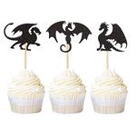 Ercadio 24 Pack Dragon Cupcake Toppers Black Glitter Dinosaur Cake Picks for Baby Shower Kids Birthday Party Decoration Supplies