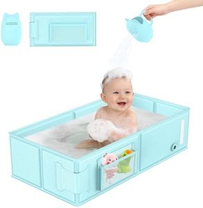YomauiYee Baby Bathtub, Foldable Toddler Tub with Rinse Cup, 2-in-1 Portable Collapsible Baby Bath Tub for 6M-5Y, No Assembly, Space Saving for Travel, Hotel, Camping