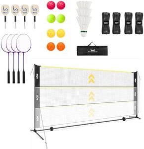 NQV 17FT Black Foldable Pickleball/Badminton/Volleyball Net Height Adjustable 34/50/84inch for Adults Indoor Outdoor,4 Pickleball Paddles+8 Pickleballs+4 Badminton Rackets+3Shuttlecocks+4 Tape+1 Bag