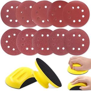 Glarks 62Pcs 5 Inch Hand Sanding Blocks Round and Mouse Hand Sanding pad with 60Pcs 8 Hole Hook and Loop Sanding Disc Set for Woodworking, Furniture Restoration, Home and Automotive Body