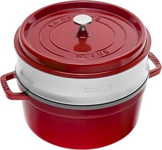 Staub 1004352 Cast Iron Roaster/Cocotte, With Steam Insert, Round 26 cm, 5.2 L, With Matte Black Enamel Inside the Pot, Cherry Red