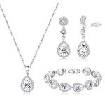 MILACOLATO Bridal Jewelry Set Wedding Crystal Necklace Bracelet Clip On Earrings Set Rhinestone Pendant Teardrop Dangle Clip On Earrings Prom Bridal Party Bridesmaid Jewelry Set for Women White