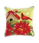 Plow & Hearth Indoor/Outdoor Hooked Polypropylene Poinsettia & Cardinal Throw Pillow| Finely Detailed| All-Weather| Durable| Polypropylene/Poly-Canvas Cover| Easy to Clean| Machine Washable| 18" sq.