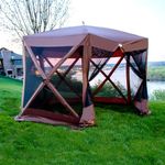 BACKYARD EXPRESSIONS PATIO · HOME · GARDEN 905443-NW Backyard Expressions 12' x 12' Pop Up 6 Sided Portable Hub Gazebo Screen Canopy Tent with Ground Stakes & Carry Bag, Brown