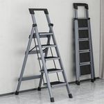 VISCA Ladder for Home 5 Steps Foldable Stairs, Folding Step Stool with Wide Anti-Slip Pedal, 7 Year Manufacturer Warranty 150kg Convenient Handgrip, Lightweight, Portable (Stainless Steel, 5 Step)