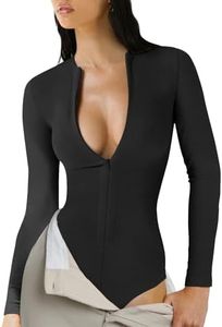 CAIYING Bodysuits for Women Sexy Deep V Neck Zip Up Bodysuit Ribbed Long Sleeve One Piece Bodysuit Tops (Black, Large)