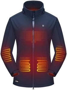 DEWBU Soft Shell Heated Jacket for Women with 12V Battery Pack and Detachable Hood Outdoor Electric Heating Coat, Dark Blue, L