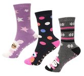 Sock Stack Womens Terry Slipper Socks Cozy and Fluffy Anti Slip Winter Warm Plush 3 Pairs Ladies Thermal Bed Socks with Grips for Causal Home Sleeping, Penguin Owl Llama