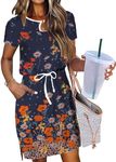 Hotouch Womens 2024 Summer Casual Dress Short Sleeve Crew Neck Tie Waist Hide Belly Midi T-Dress with Pockets