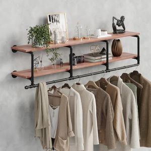 TEDIDUWA Clothes Rack 72in, Wall Mounted Garment Rack with Real Wood Shelf, Heavy Duty Hanging Clothes Rack, Multi-Purpose Hanging Rod, Space-Saving Closet Storage (2T72in)
