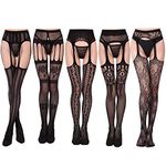 ASTARON 5 Pairs Womens Fishnet Tights,Lace Flowery Fishnets Stockings High Tights Mesh Stockings Suspender Pantyhos