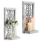 Walasis Candle Sconces White Wall Art: Set of 2 Wooden Rustic Wall Candle Holders Vintage Home Decor with Acrylic Mirror for Bathroom Bedroom Hallway