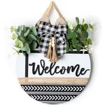 Welcome Sign for Front Door Decor - Walasis Hanging Welcome Signs for All Season Boho Wall Decoration 12inch Wooden Farmhouse Eucalyptus Wreath (Boho Welcome)