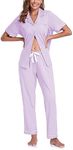 COLORFULLEAF Women's 100% Cotton Pajama Set Button Down Short Sleeve Shirt and Long Pants Sleepwear Soft ladies Lounge Sets, Light Purple-short Sleeve Pjs, X-Large