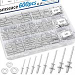 smseace 600pcs 11-Values 304 Stainless Steel Pop Rivets with Backup Rivets Washers Assortment Kit 8-Values 304 Stainless Steel Blind Rivets (1/8" 5/32" 3/16") 3-Values Rivet Washers