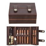 Hiram Cigar Storage Case Genuine Leather Cigar Humidor for 7 Cigars, Double Open Cigar Box with Cigar Cutter and Lighter Slot, Multifunctional Cigars Case with Built-in Hygrometer