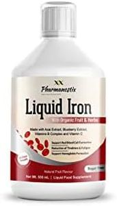 Pharmanostix Liquid Iron Supplement 500 mL - Made with Organic Fruit and Herbal Blend - Supported with Acai Powder, B Complex and Vitamin C - Mixed Fruit Flavour - Suitable for Vegans