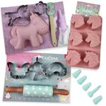 idooka Unicorn Themed Kids Baking & Cooking Utensils Set 14 Pcs - Includes Silicone Mould, Piping Bag & Nozzles, Rolling Pin, Cookie Cutters, Silicone Spatula - Baking Craft Kits for Kids