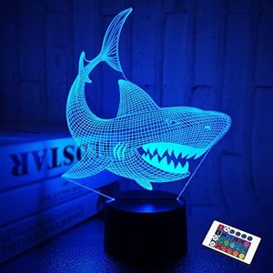FULLOSUN Shark 3D Illusion Night Light Animal Touch Table Desk Lamp, with Remote Control 16 Colors Optical USB LED Nightlight for Kids Holiday Gift Room Decoration